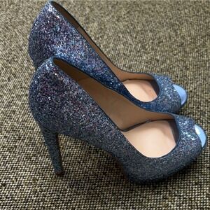 Qupid Peep Toe Pumps Womens 9 Blue Multi Glitter Stiletto Platform Good Sparkle